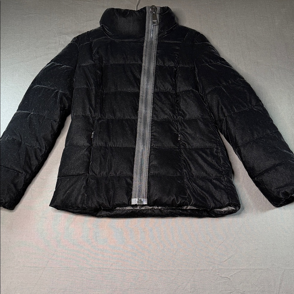 Calvin Klein Velour Velvet Quilted Puffer Coat Black M Asymmetrical Zip
